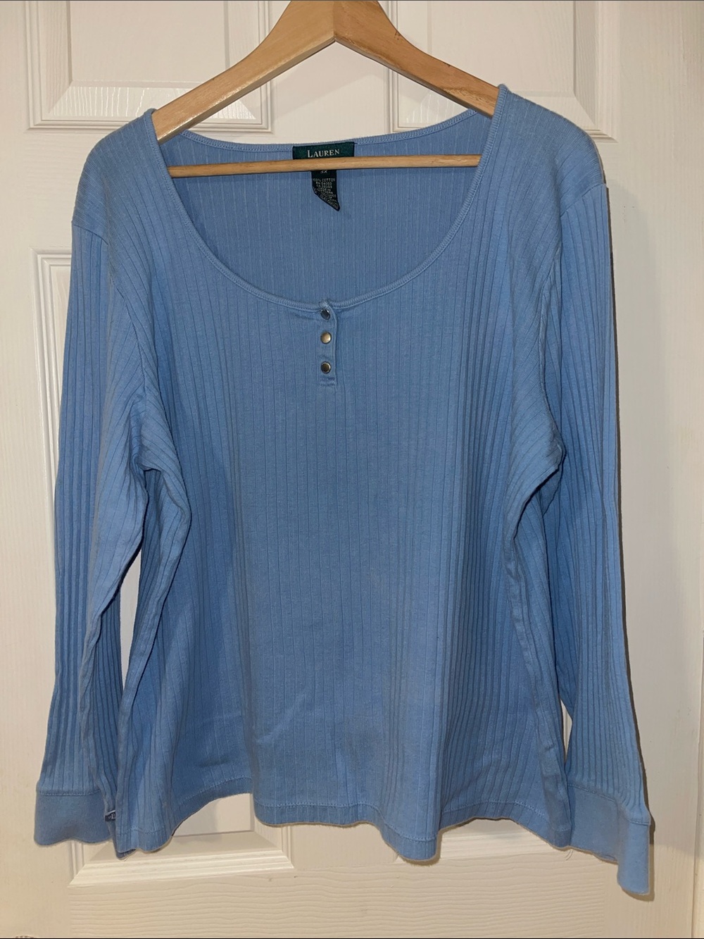Lauren Ralph Lauren Sky Blue Ribbed Henley Scoop Neck Long Sleeve Tee